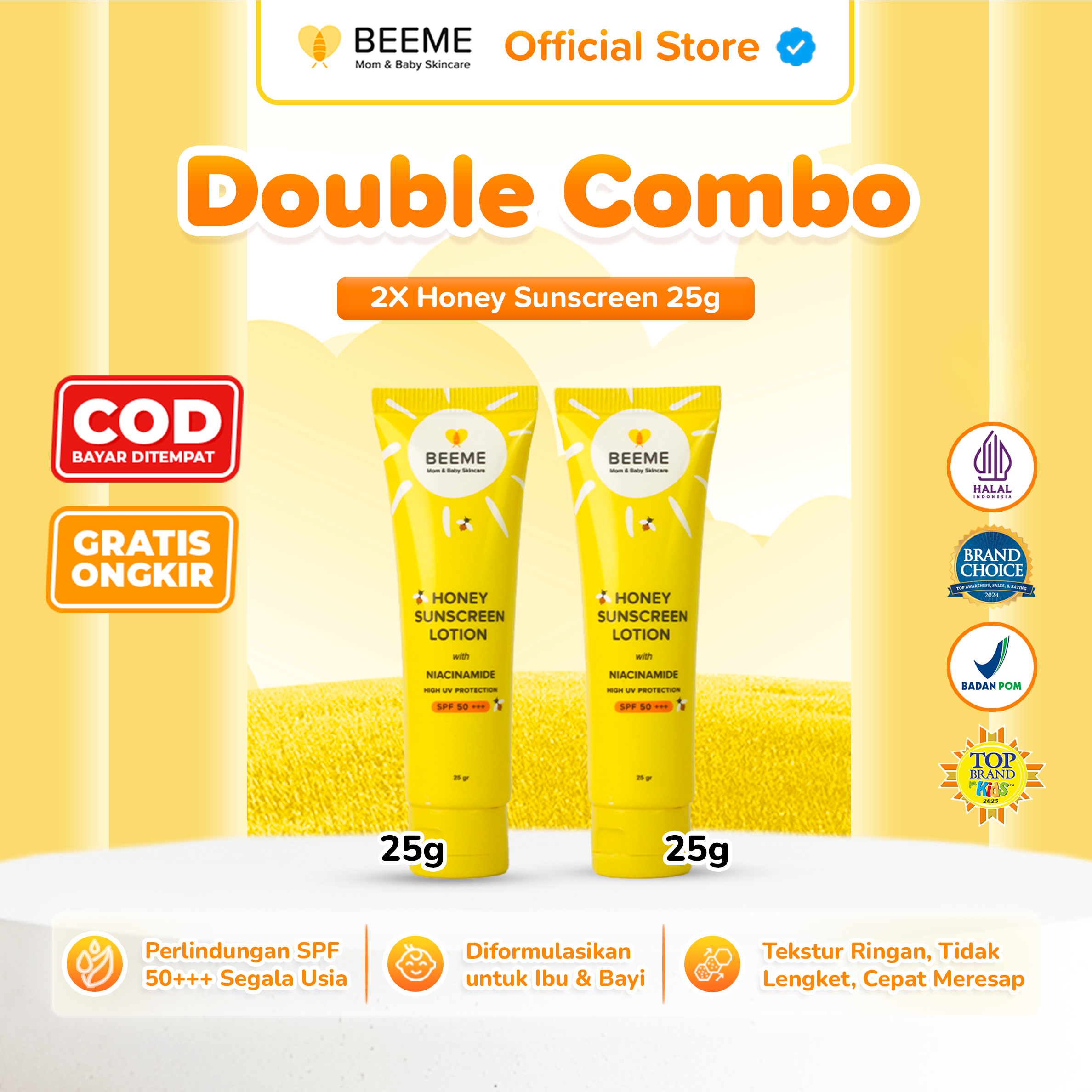 Paket Bundling (2pcs) Beeme Honey Sunscreen Lotion SPF PA++ 50+++ with Niacinamide 25g